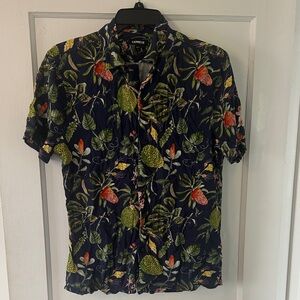 Express Navy Tropical Floral Button-Down Shirt with Green & Orange Accents